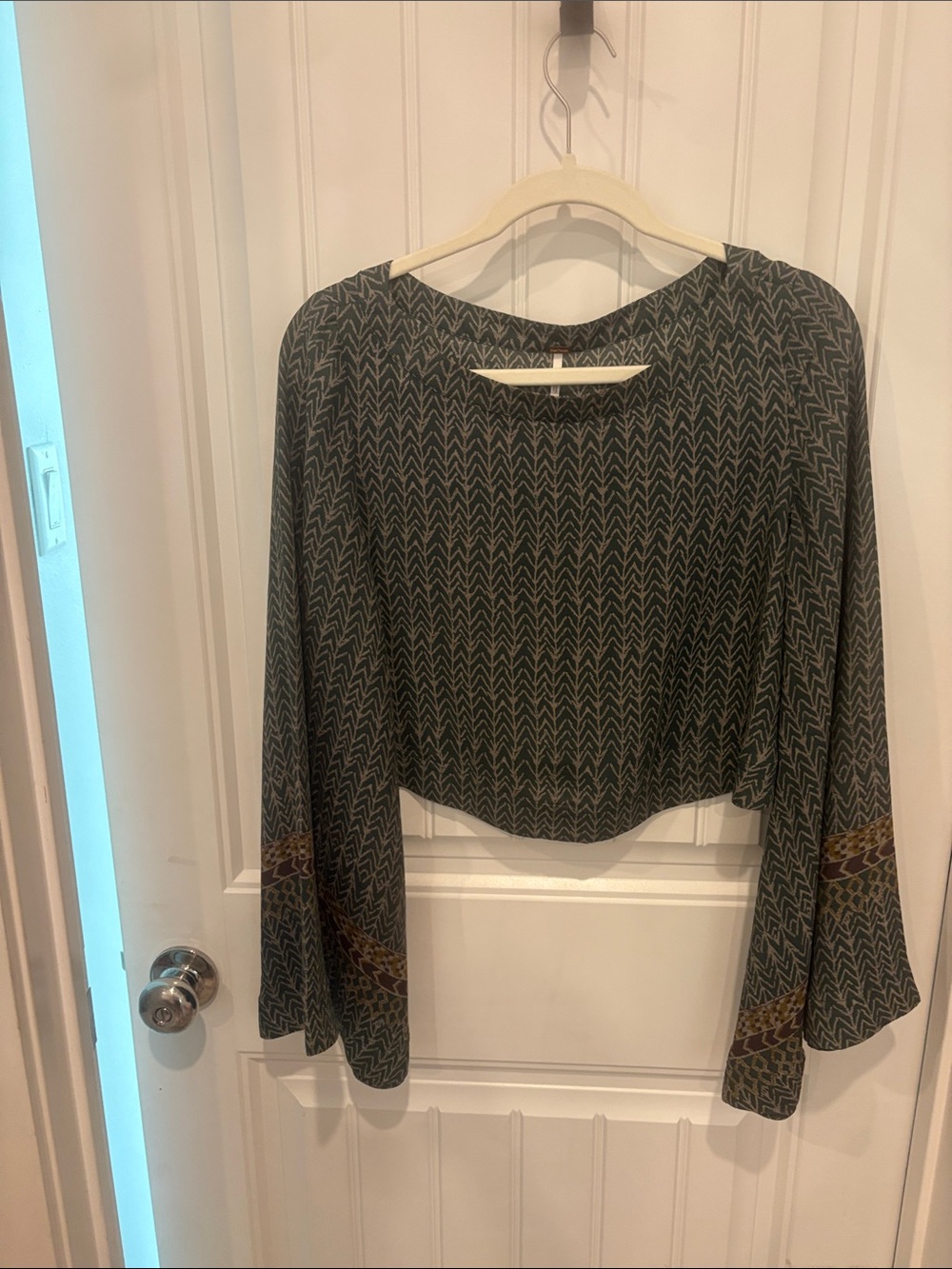 Free People Green Chevron-Print Bell Sleeve Crop Top